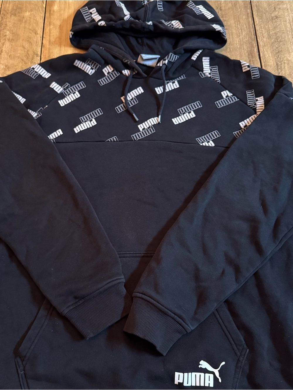PUMA Black All Over Logo Print Pullover Hoodie Men’s M